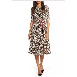 ELIZA J Dress Midi Leopard Print Red Piped Belt‎ Puffed Ruched Sleeve Front Slit